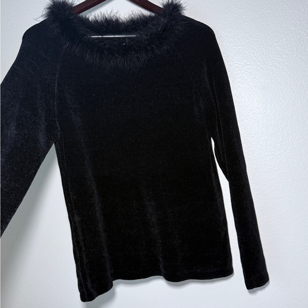 Chico’s Design Black Chenille Feather Trim Sweater Size 1